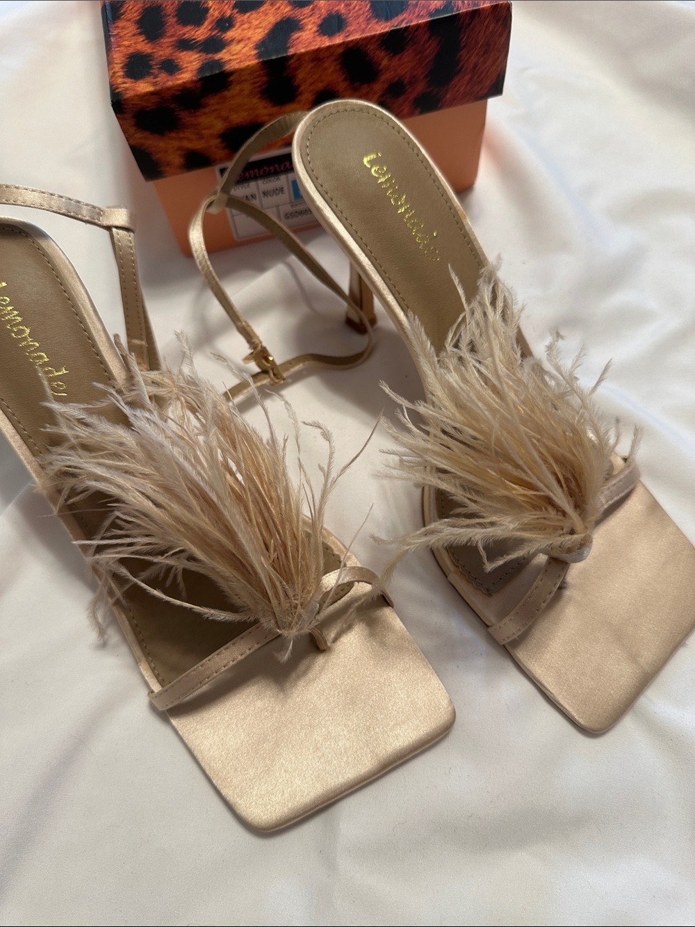Nude Feather Strap Women's Heeled Sandals